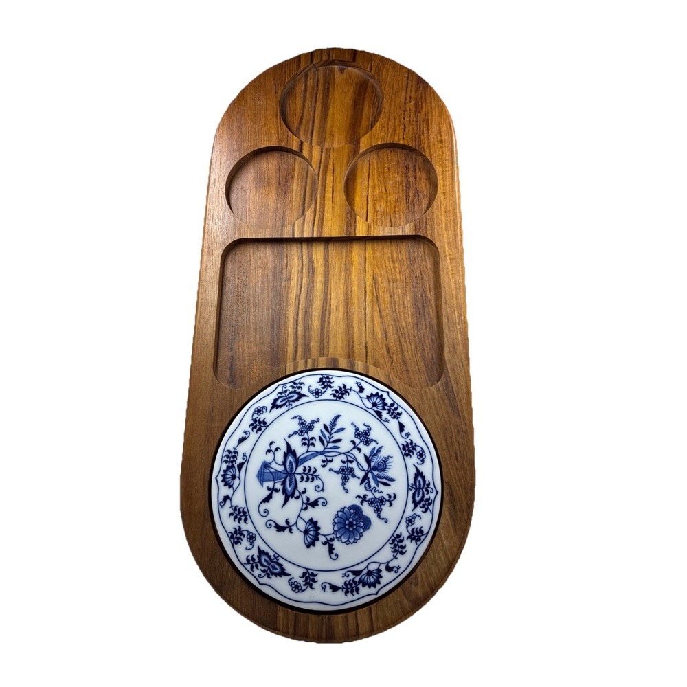 Vintage Dolphin Teakwood Serving Tray Blue Onion Ceramic Plate 17" X 8" Thailand
